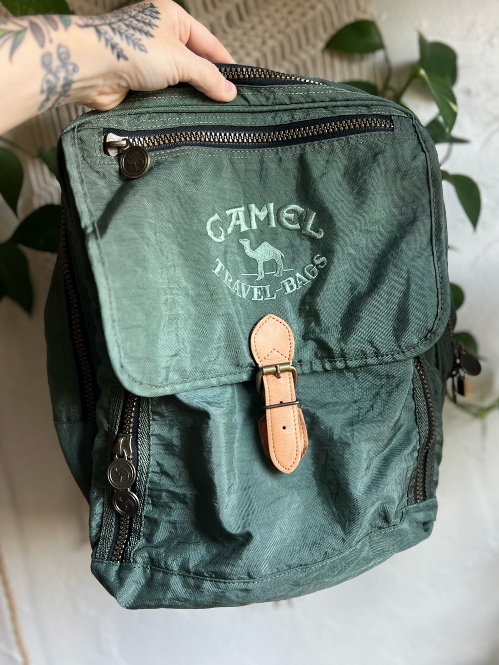 Vintage Camel Travel Bags Green Nylon Backpack Daypack Hiking Travel Bag Leather